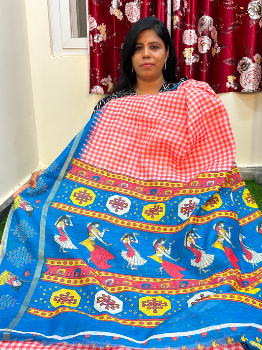 Kadhi Cotoon Mangalagiri checks kalamkari sarees