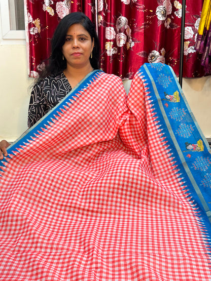 Kadhi Cotoon Mangalagiri checks kalamkari sarees