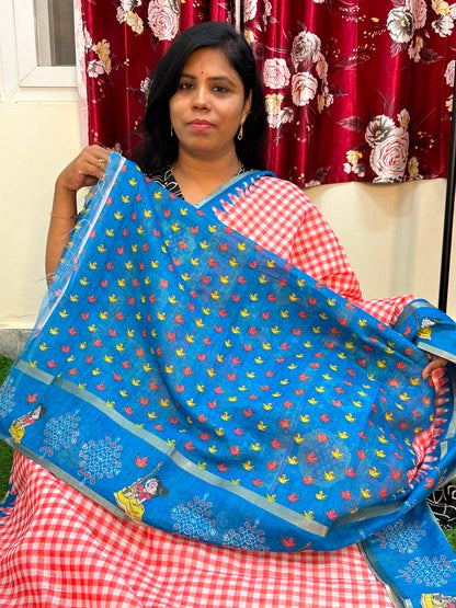 Kadhi Cotoon Mangalagiri checks kalamkari sarees