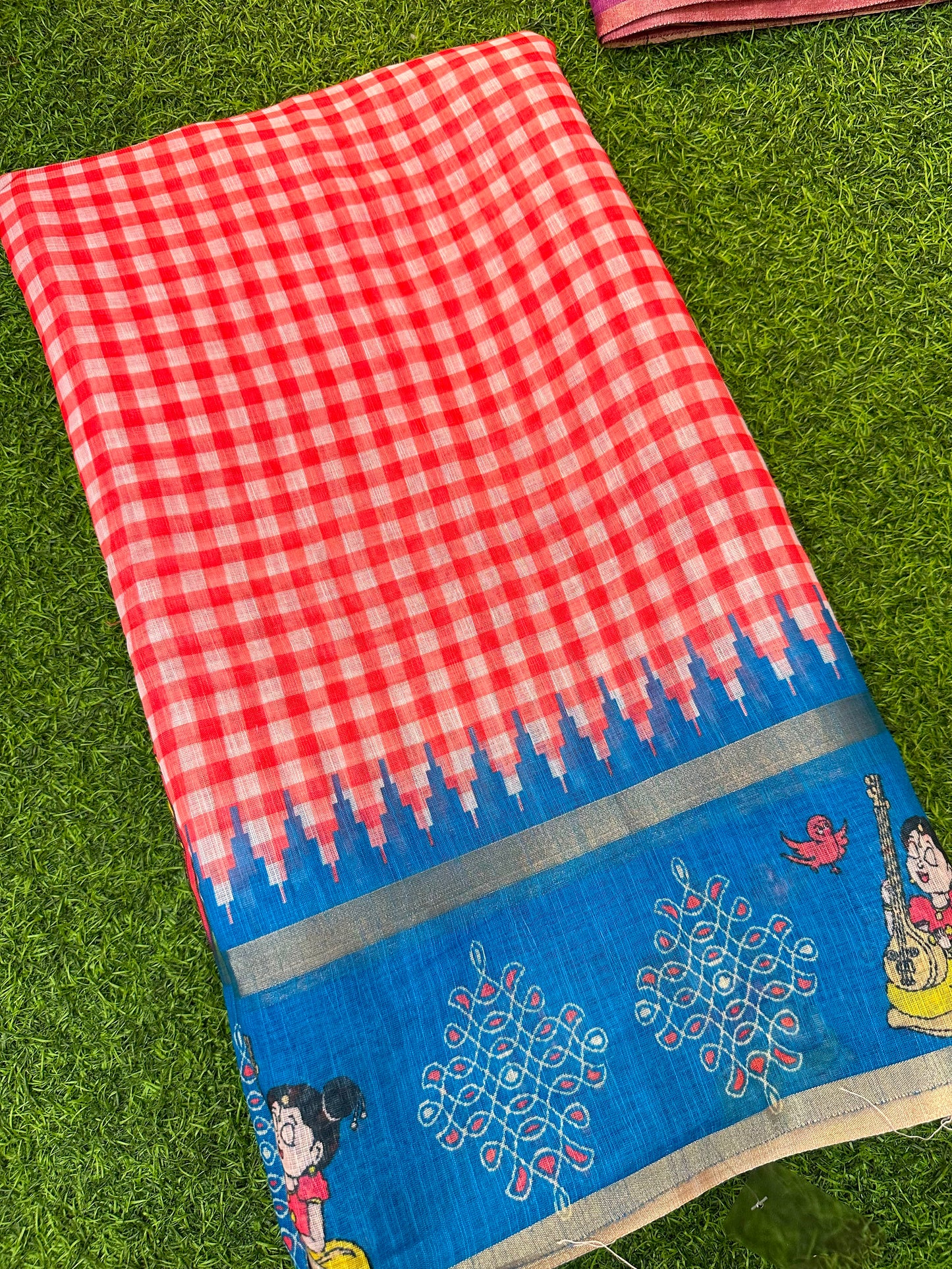 Kadhi Cotoon Mangalagiri checks kalamkari sarees