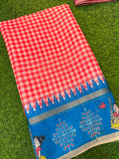 Kadhi Cotoon Mangalagiri checks kalamkari sarees