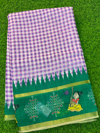 Kadhi Cotoon Mangalagiri checks kalamkari sarees
