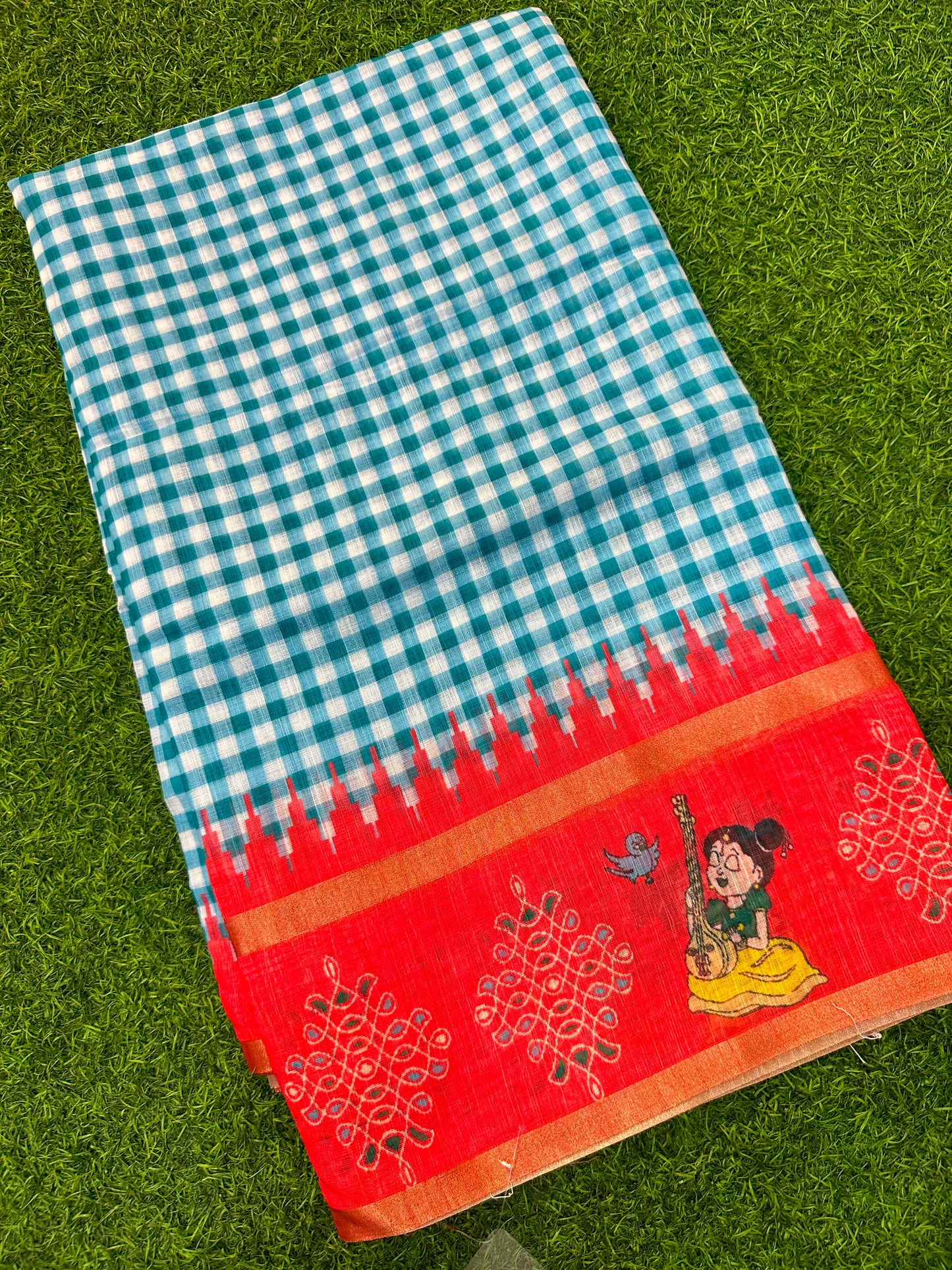 Kadhi Cotoon Mangalagiri checks kalamkari sarees