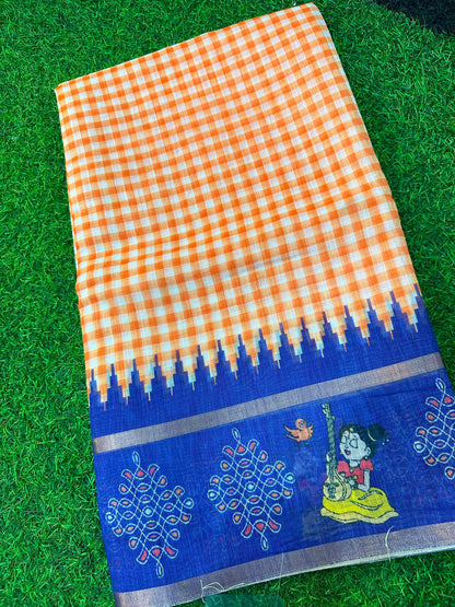 Kadhi Cotoon Mangalagiri checks kalamkari sarees