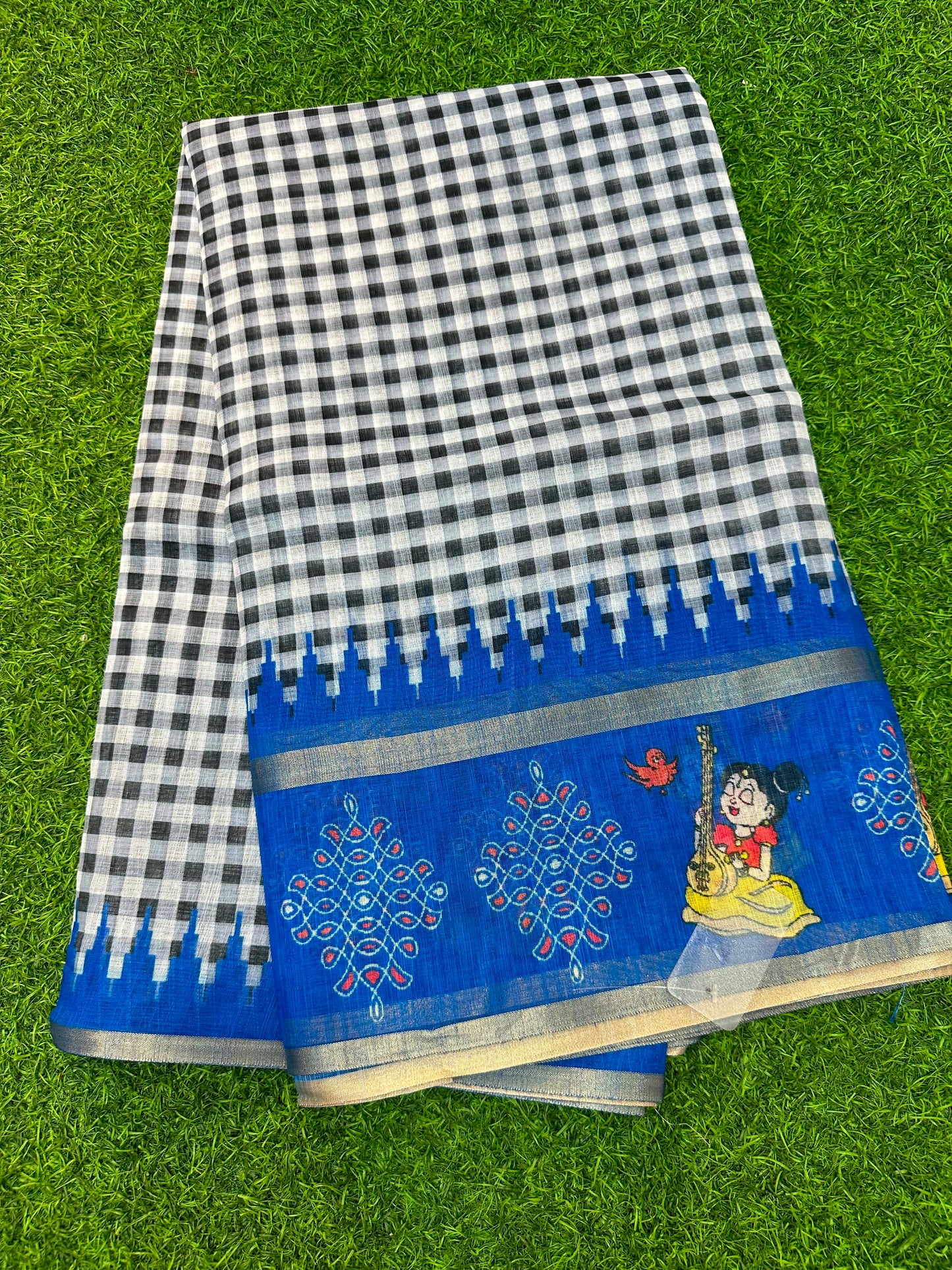 Kadhi Cotoon Mangalagiri checks kalamkari sarees