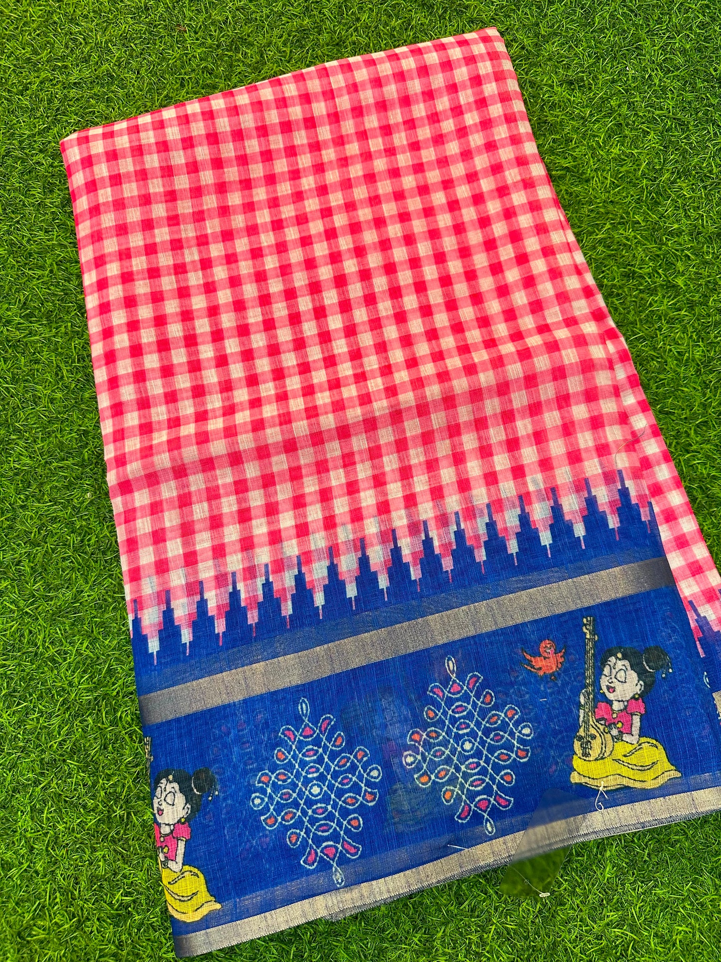 Kadhi Cotoon Mangalagiri checks kalamkari sarees