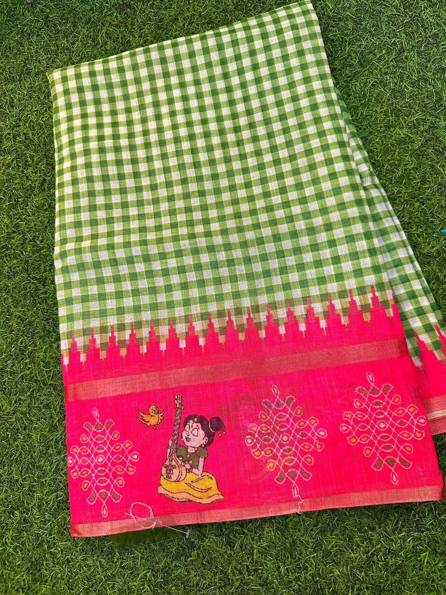 Kadhi Cotoon Mangalagiri checks kalamkari sarees