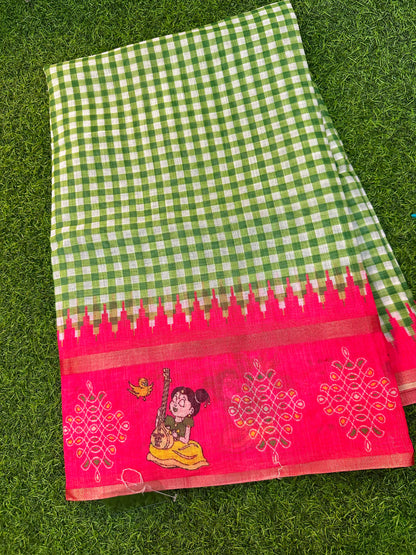 Kadhi Cotoon Mangalagiri checks kalamkari sarees