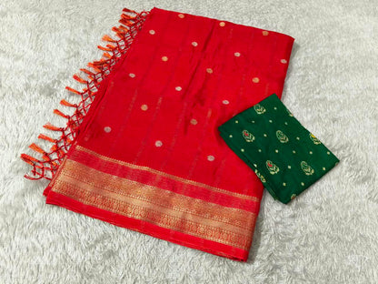 Vibrant Crimson Zari-Work Saree with Contrast Brocade Blouse