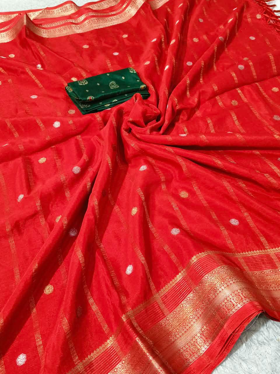 Vibrant Crimson Zari-Work Saree with Contrast Brocade Blouse