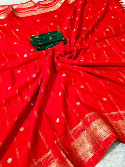 Vibrant Crimson Zari-Work Saree with Contrast Brocade Blouse
