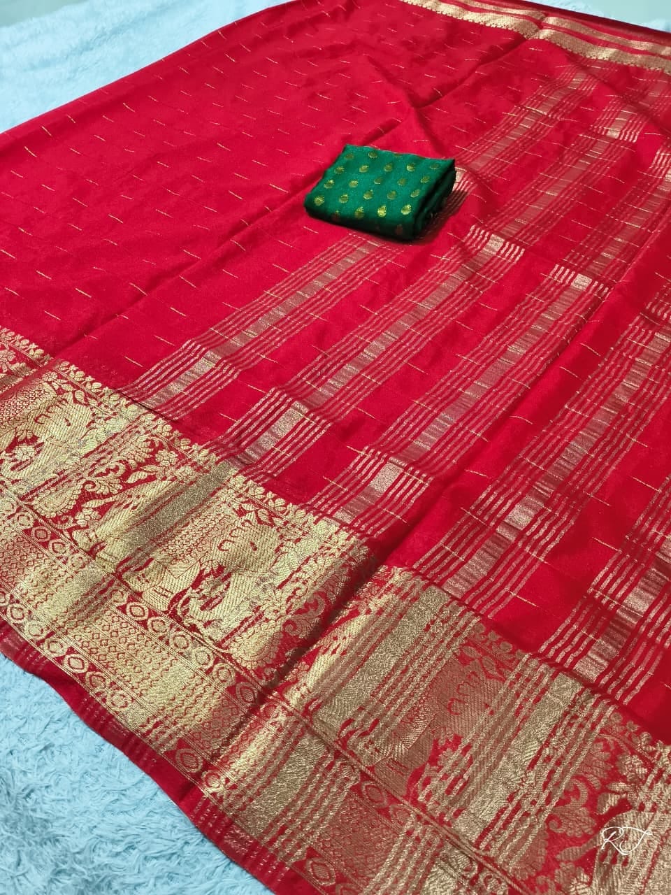 Red chiniya silk saree with elephant zari border