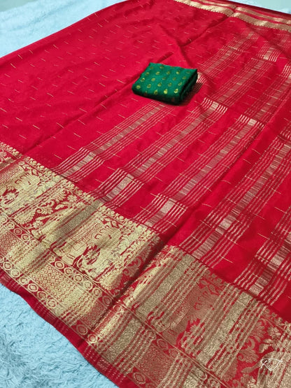 Red chiniya silk saree with elephant zari border