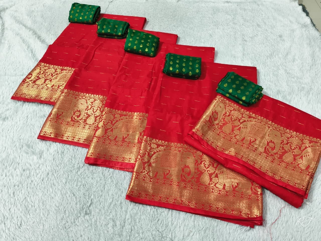 Red chiniya silk saree with elephant zari border