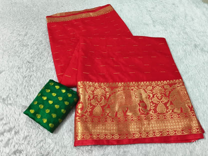 Red chiniya silk saree with elephant zari border
