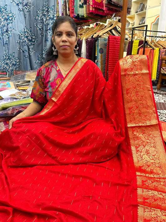 Red chiniya silk saree with elephant zari border
