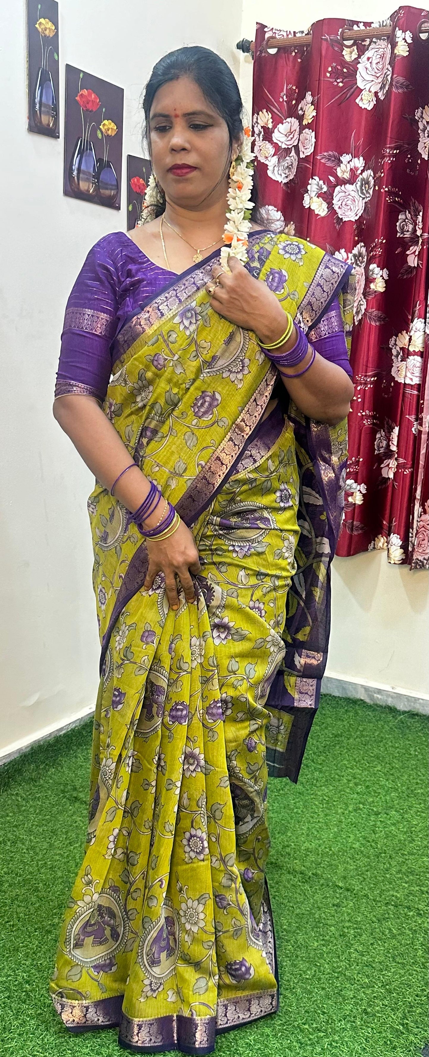 Royal Purple Border Olive Green Kalamkari Print Saree