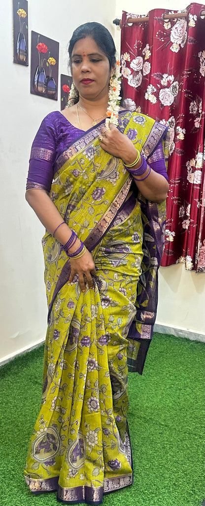 Royal Purple Border Olive Green Kalamkari Print Saree