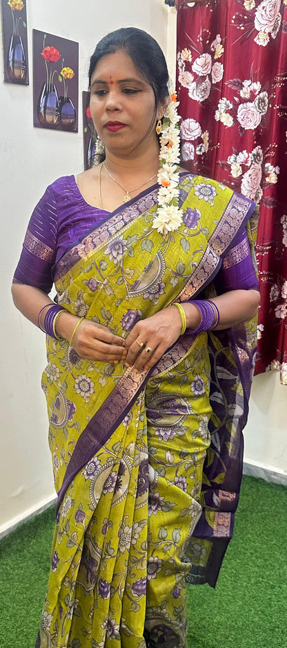 Royal Purple Border Olive Green Kalamkari Print Saree