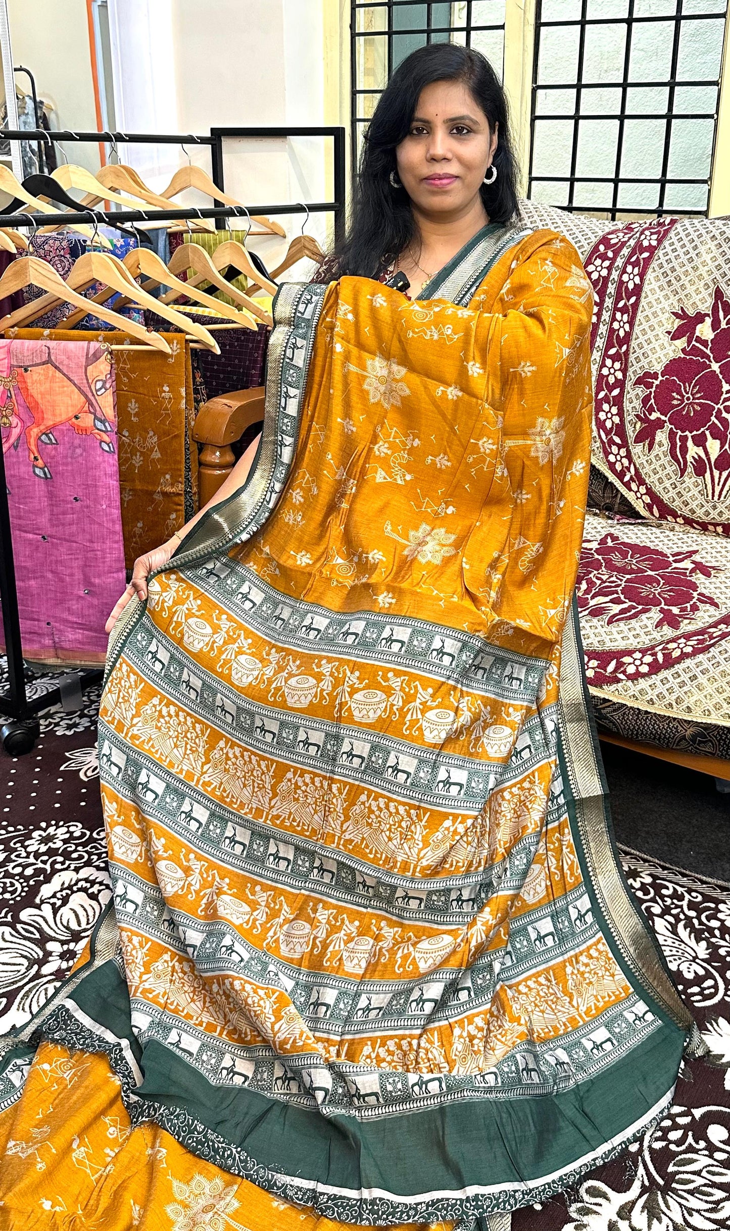 Golden Mustard Warli Print Tussar Silk Saree