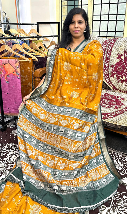 Golden Mustard Warli Print Tussar Silk Saree
