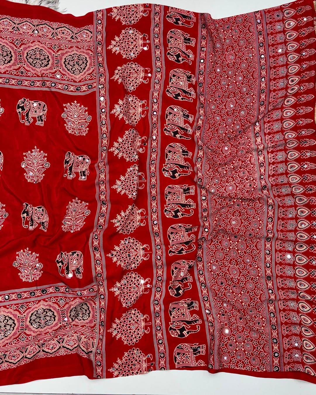 Vibrant Red Mirror & Elephant Print Saree
