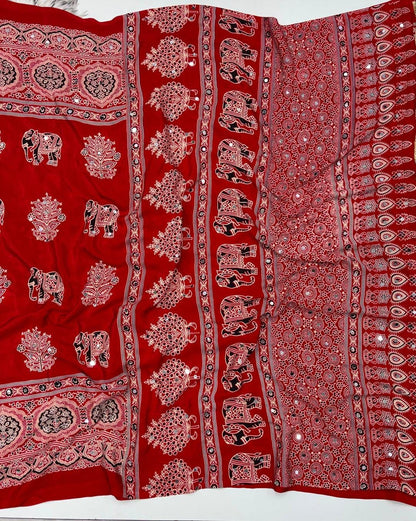Vibrant Red Mirror & Elephant Print Saree