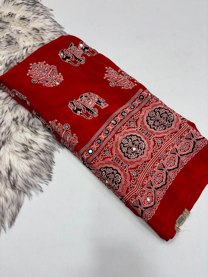 Vibrant Red Mirror & Elephant Print Saree