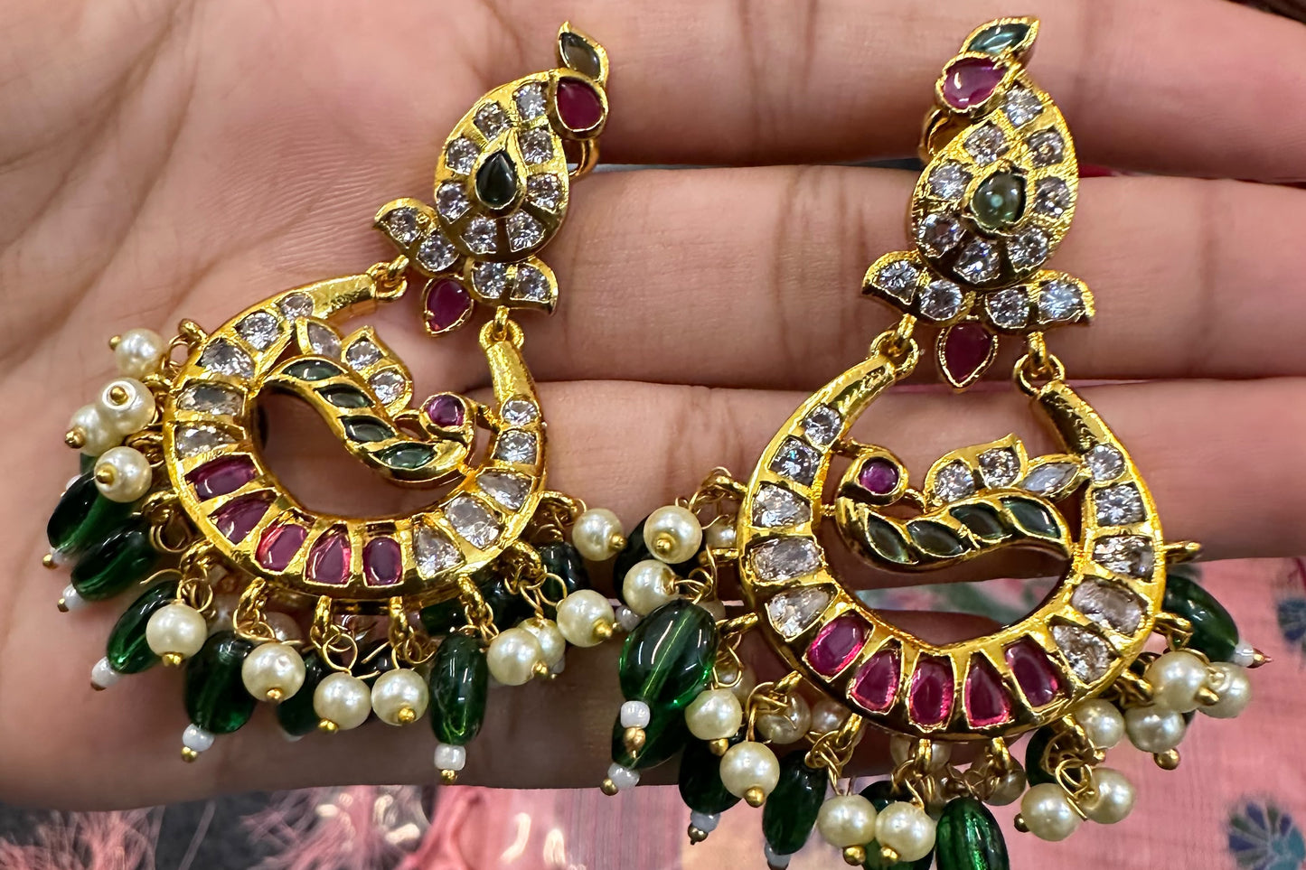 Traditional Navratna-Inspired Peacock Crescent Earrings