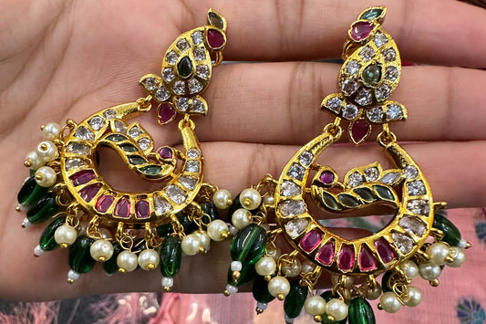 Traditional Navratna-Inspired Peacock Crescent Earrings