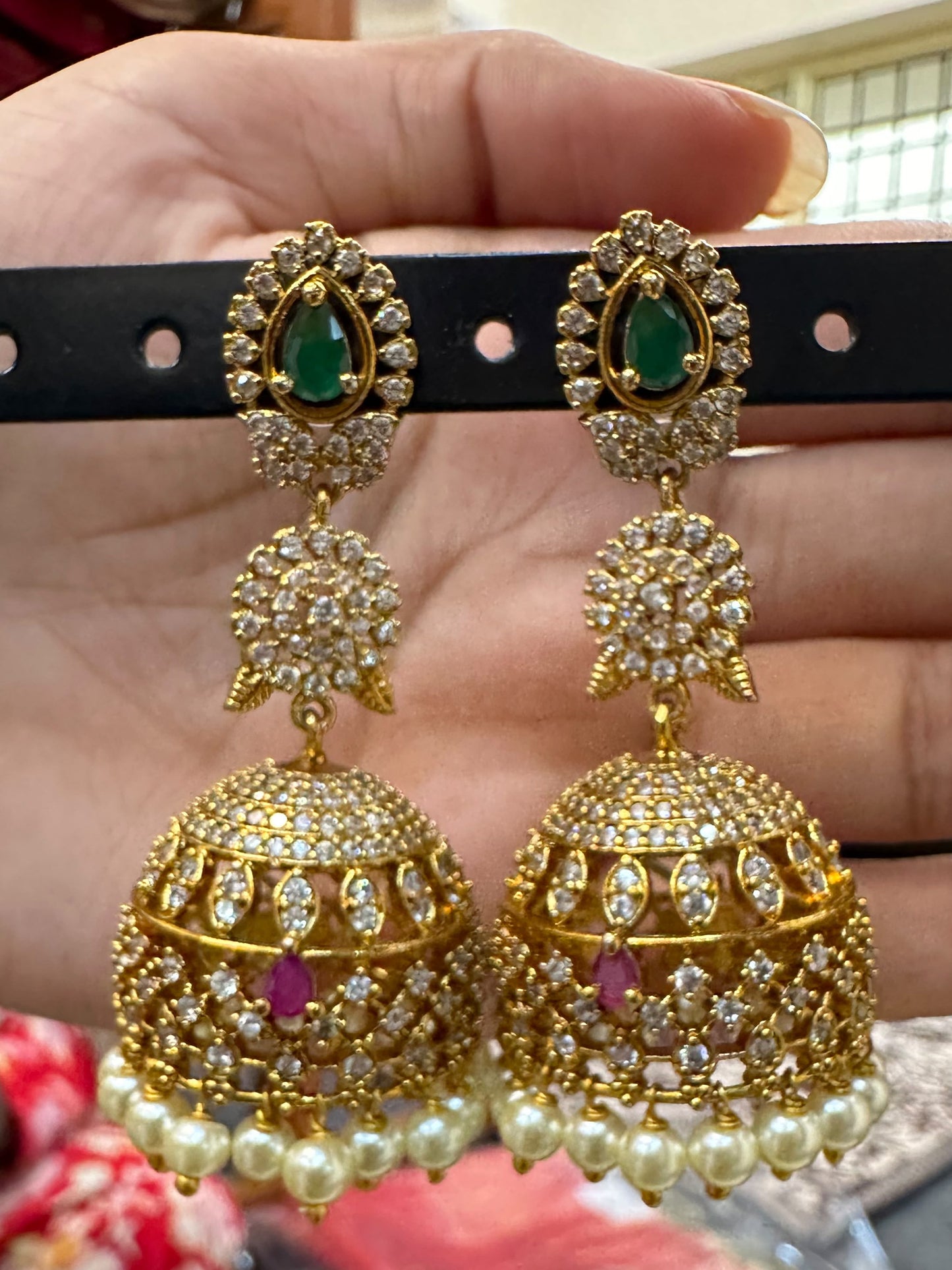 Royal Emerald & CZ Floral Jhumkas