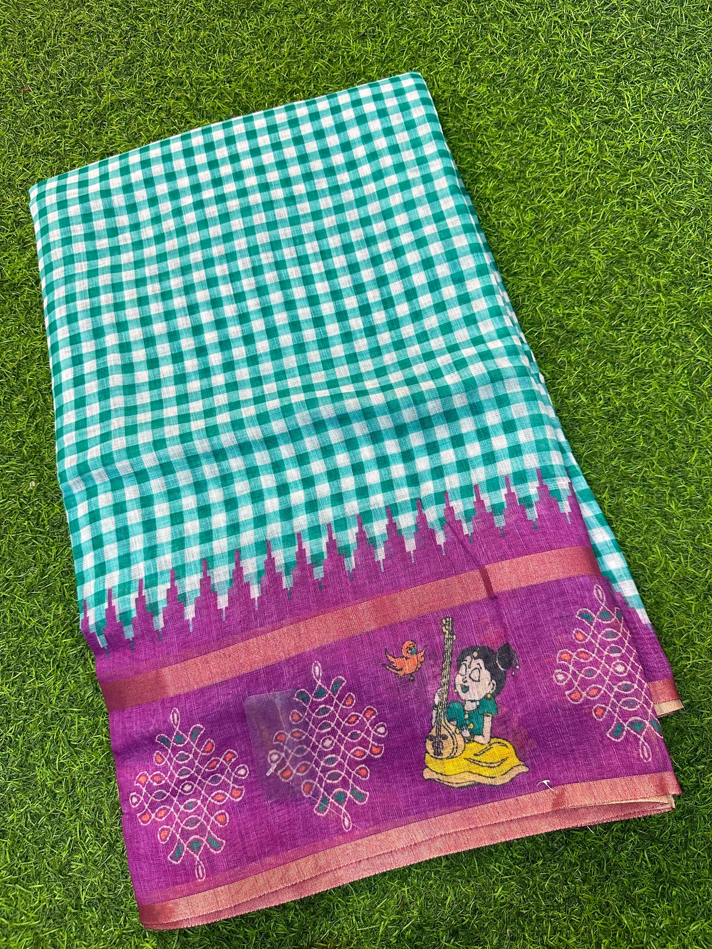 Kadhi Cotoon Mangalagiri checks kalamkari sarees